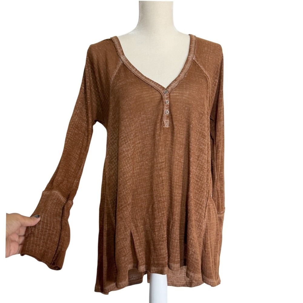 Free People We The Free S Chocolate Brown Textured Henley Tunic Top Boho Slouchy